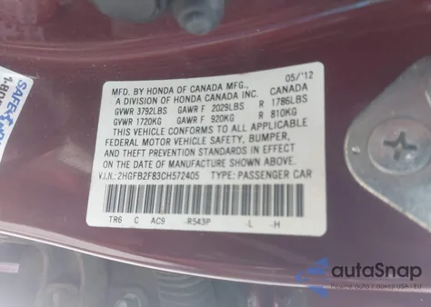 2012 Honda Civic Ex z USA, uszkodzony, nr VIN 2HGFB2F83CH572405